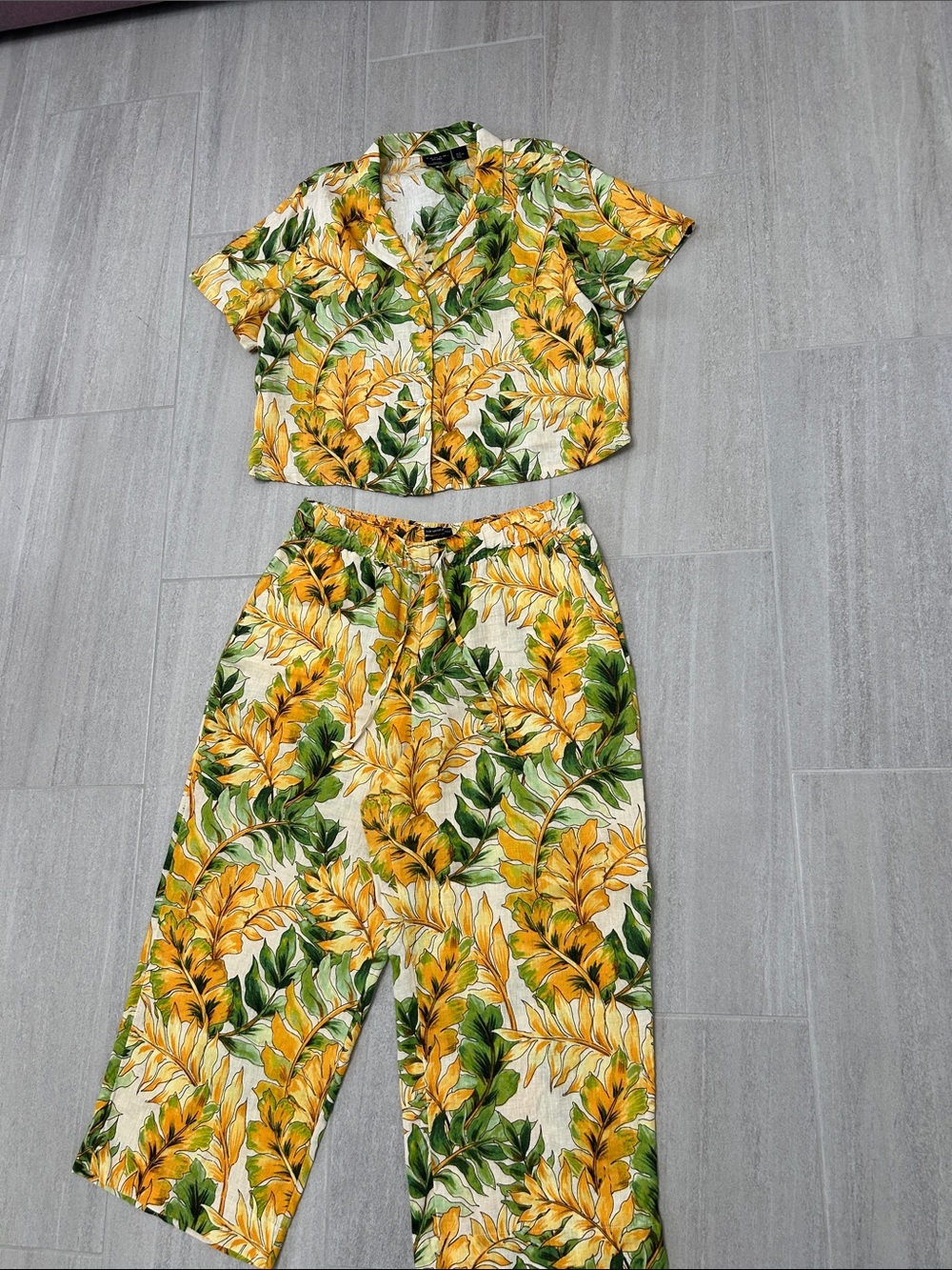 Tahari Yellow & Green 100% Linen Tropical Wide-Leg Pants,size XL